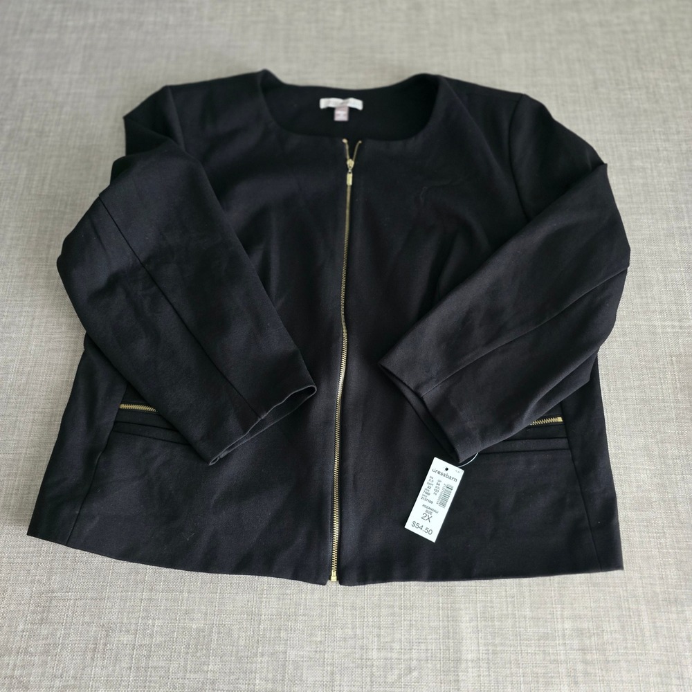 Roz & Ali Womens 2X Black Zip Front Collarless Jacket Gold Hardware NWT - Picture 3 of 7